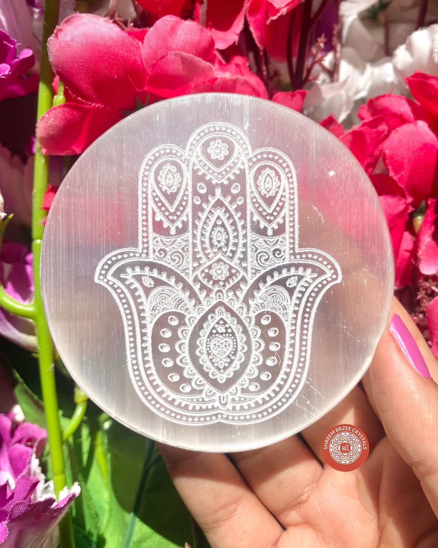 Selenite Plate With Hamsa Hand Carving