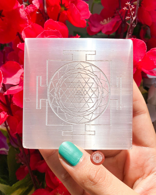 Square Selenite Plate With Shri Yantra Carving