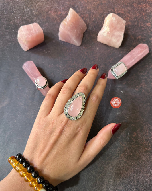 Rose quartz adjustable rings with design