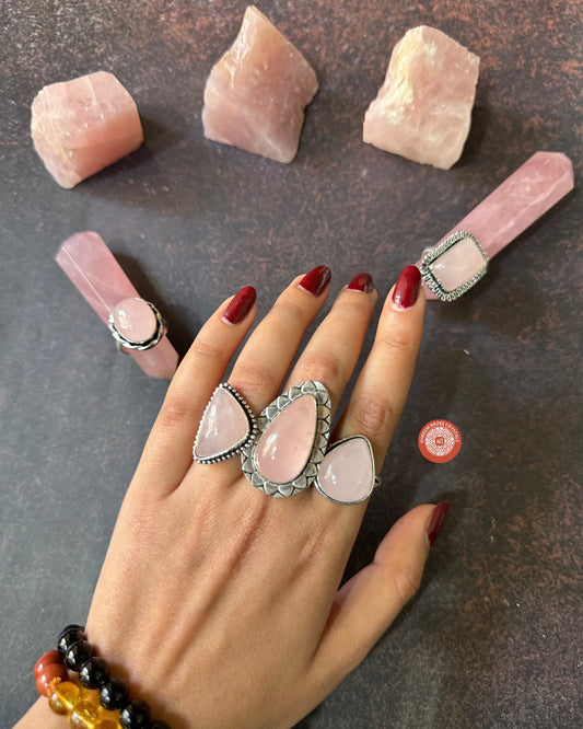 Rose quartz adjustable rings with design